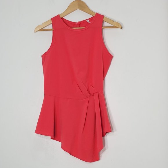 New Town Women Orange Coral Sleeveless Back Zipper Asymmetric Faux Wrap Tank Top - Picture 1 of 9